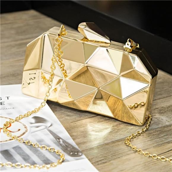 Women Lattice Pattern Metal Handbag Chain Geometric Evening Clutch Purse - Picture 2 of 6